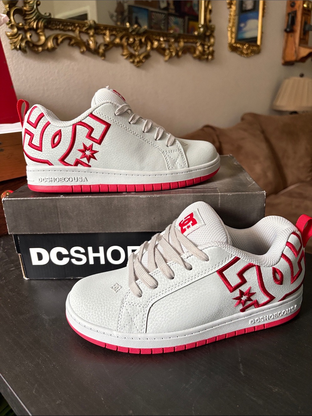 DC Kids grey and Red Low-Top Skate Sneakers